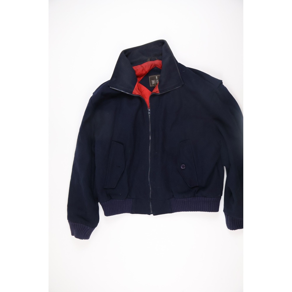 Bill Blass Mens Bomber Jacket Vintage Navy Blue Solid Large Wool Excellent